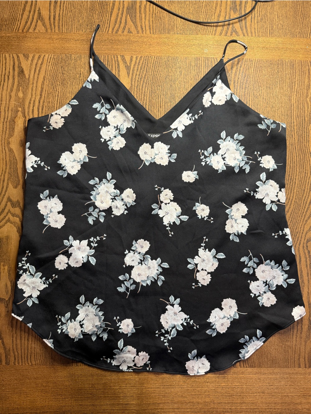 Express Black Satin Floral Cami Top with White Flowers